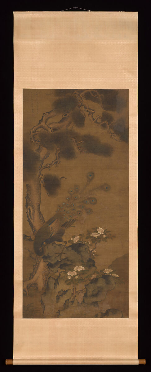 Peacock with Pine and Camellia, After Zhu Duan (Chinese, act. ca. 1500–21), Hanging scroll; ink and color on silk, China