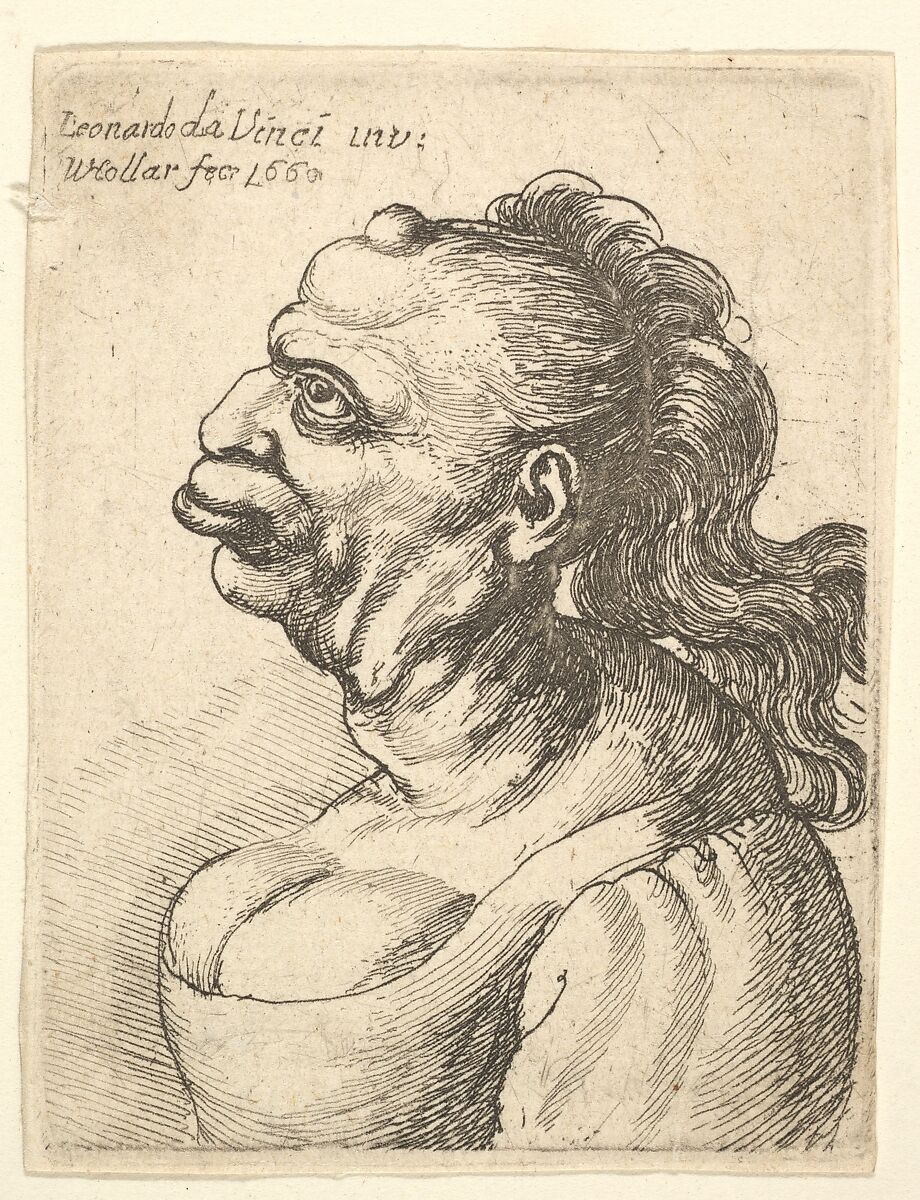 Bust of a woman wearing low-cut dress, with protruding lipd, growth on her forehead, prominent breast,  long flowing hair down her back, in profile to left., Wenceslaus Hollar (Bohemian, Prague 1607–1677 London), Etching; only state 