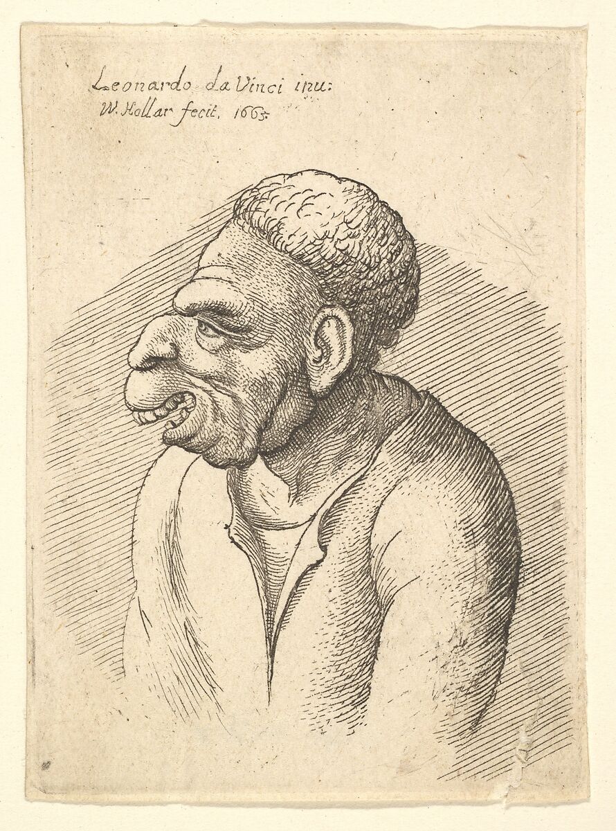 Bust of a man with hooked nose, prominent upper lip, open mouth and thick, short curly hair resembling wig in profile to left, Wenceslaus Hollar (Bohemian, Prague 1607–1677 London), Etching; only state 