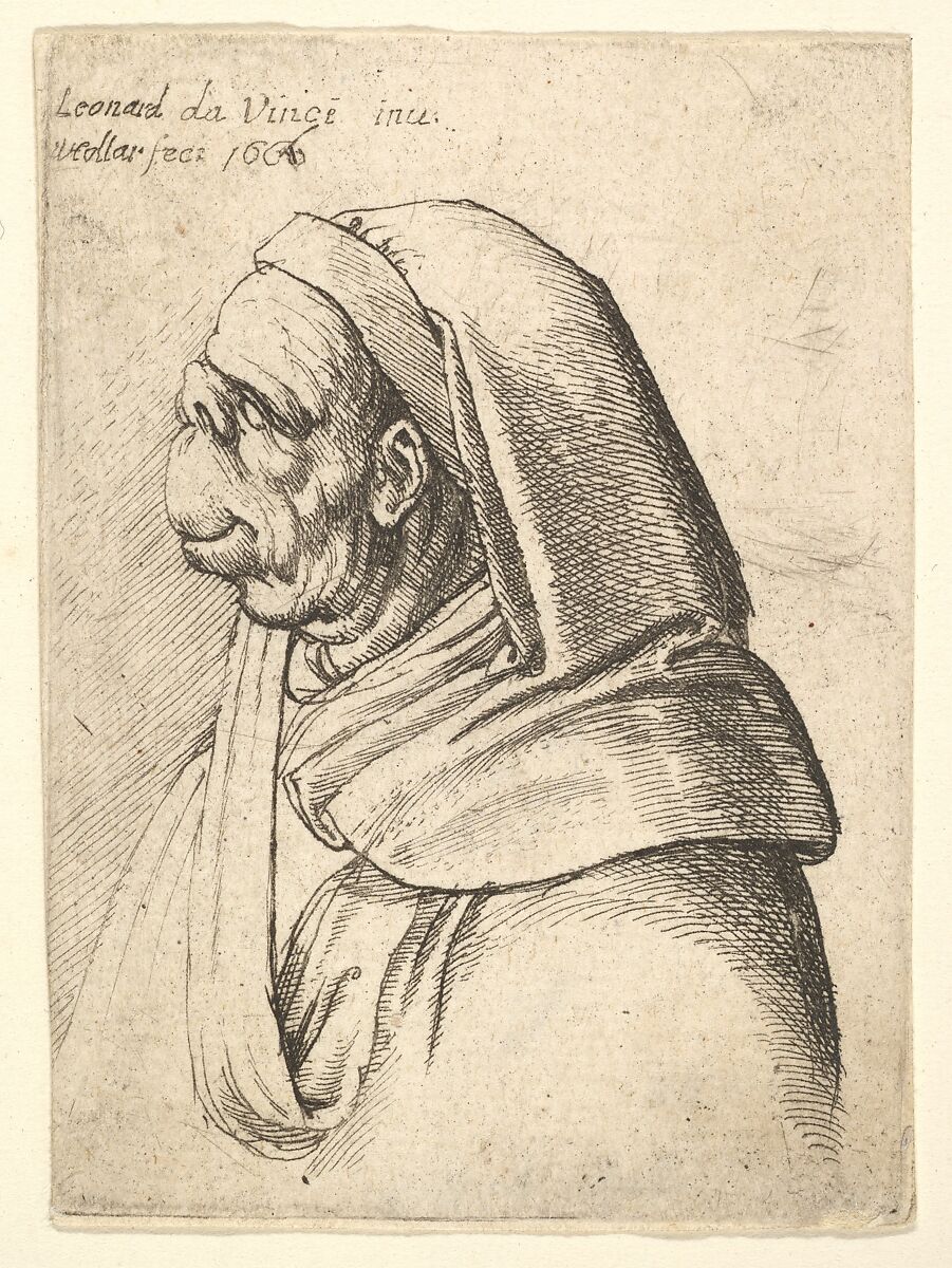 Bust of a man with a small turned-up nose and very high upper lip, wearing hood, in profile to the left, Wenceslaus Hollar (Bohemian, Prague 1607–1677 London), Etching; only state 
