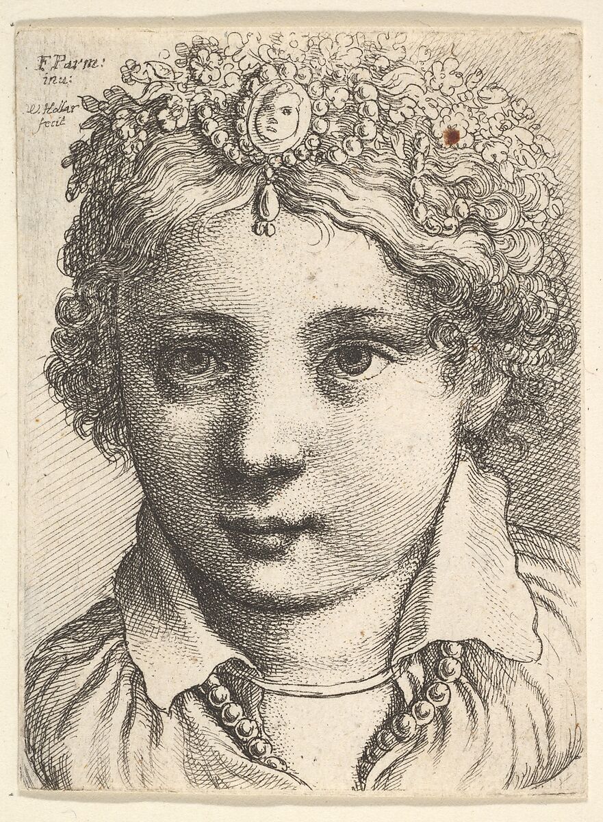 Head of a young girl wearing a jeweled headdress, Wenceslaus Hollar (Bohemian, Prague 1607–1677 London), Etching; only state 