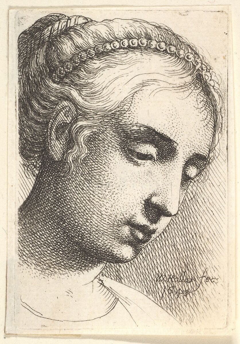 Woman with string of pearls in her hair looking downwards to right, Wenceslaus Hollar (Bohemian, Prague 1607–1677 London), Etching; only state 