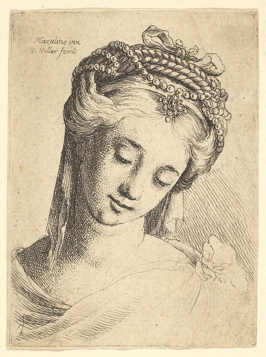 Bust of a young woman with elaborate headdress, looking down., Wenceslaus Hollar (Bohemian, Prague 1607–1677 London), Etching; only state 