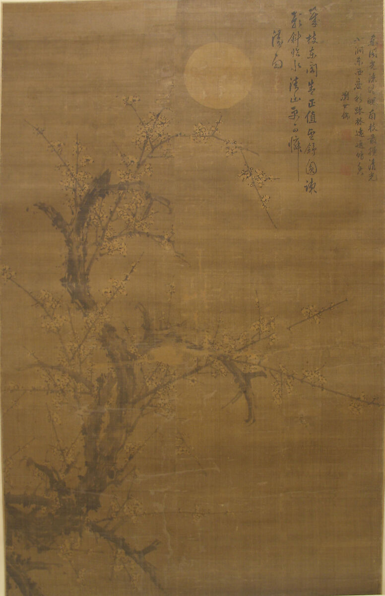 Flowering Plum in Moonlight and Snow, Liu Shiru (Chinese, active 16th century), Hanging scroll; ink on silk, China 