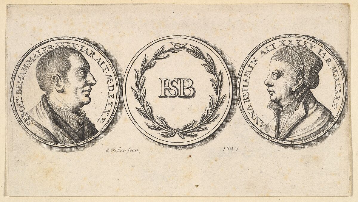 Medallions with portraits of Sebald Beham and Anna Beham, Wenceslaus Hollar (Bohemian, Prague 1607–1677 London), Etching; first state of three 