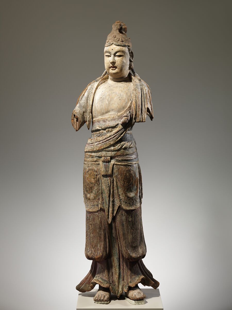 Bodhisattva, Wood (foxglove) with traces of pigment and gilding; single woodblock construction, China 