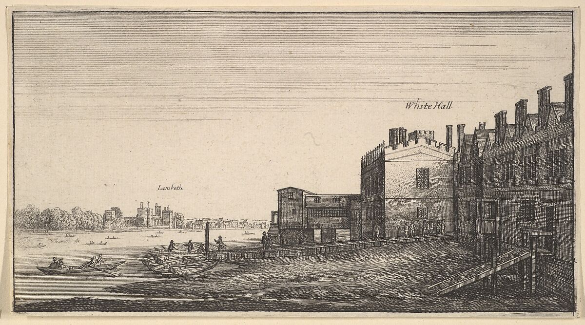 A view of Lambeth Palace from the river at Whitehall Stairs, Wenceslaus Hollar (Bohemian, Prague 1607–1677 London), Etching, only state 