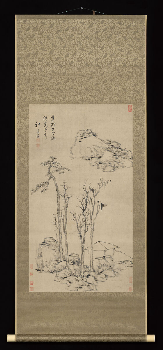 Landscape after Ni Zan, Qi Zhijia (Chinese, active ca. 1627–after 1682), Hanging scroll; ink on paper, China