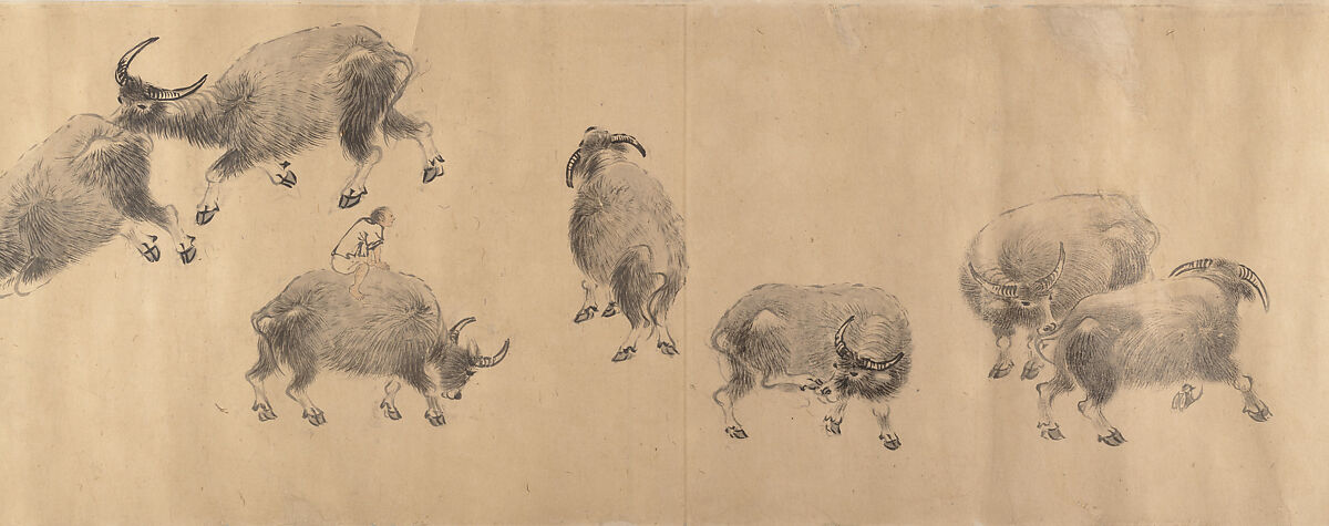 Water Buffaloes, Zhang Hong (Chinese, 1577–after 1652), Handscroll; ink on paper, China 