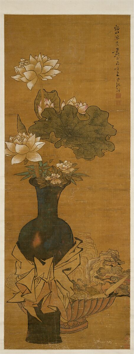 Vase of Flowers, After Chen Hongshou (Chinese, 1598/99–1652), Hanging scroll; ink and color on silk, China 