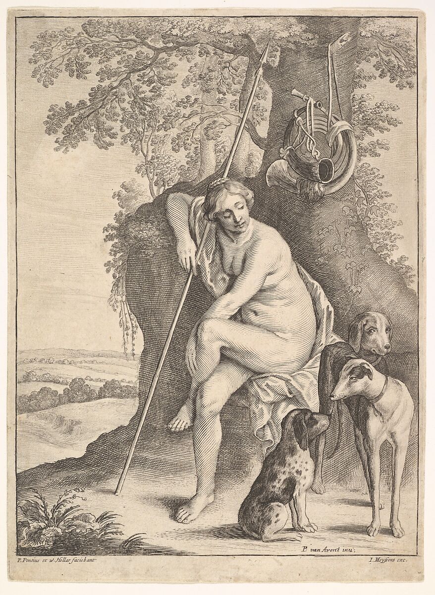 Seated figure of Diana the Huntress, Wenceslaus Hollar (Bohemian, Prague 1607–1677 London), Etching,drypoint and engraving added by Paulus Pontius; third state of
four 