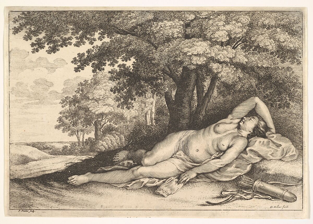Sleeping Huntress, Wenceslaus Hollar (Bohemian, Prague 1607–1677 London), Etching with engraving added by Paulus Pontius; second state of two 