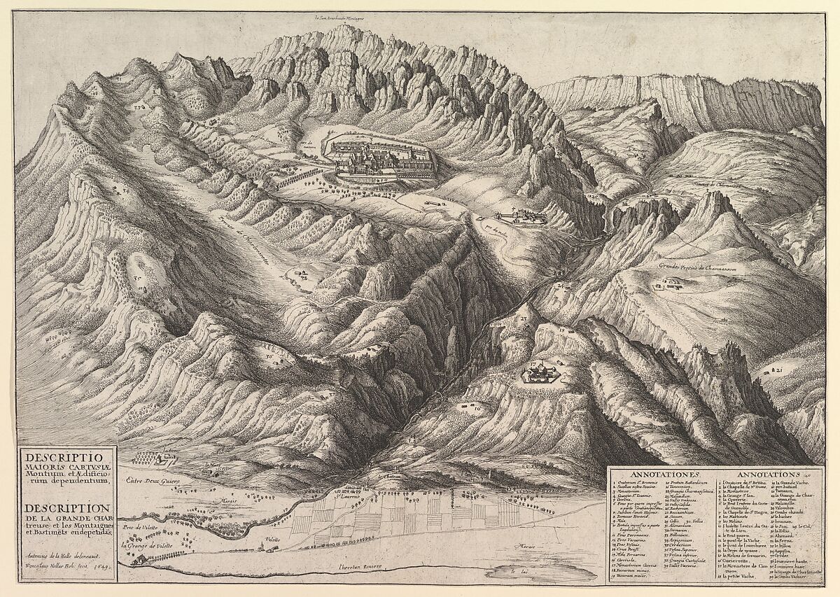 View of La Grande Chartreuse in the French Alps / Descriptio Maioris Cartusiæ Montium, et Ædificiorum dependentium, Wenceslaus Hollar (Bohemian, Prague 1607–1677 London), Etching; first state of two 