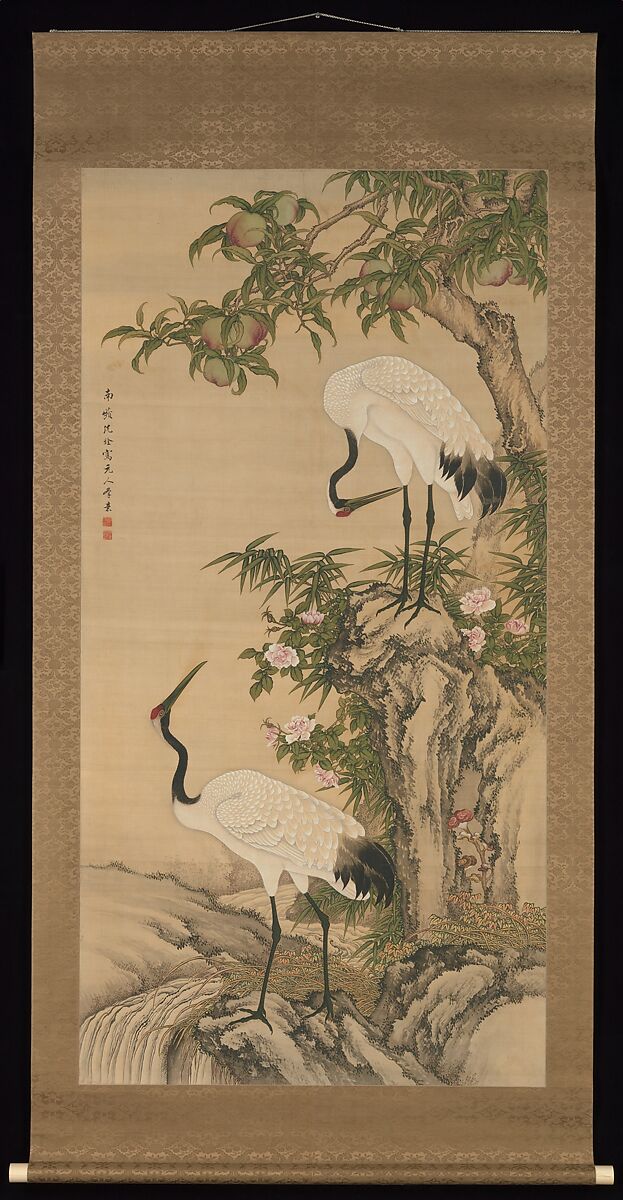 Cranes, peach tree, and China rose, After Shen Quan (Shen Pin) (Chinese, 1682–after 1762), Hanging scroll; ink and color on silk, China