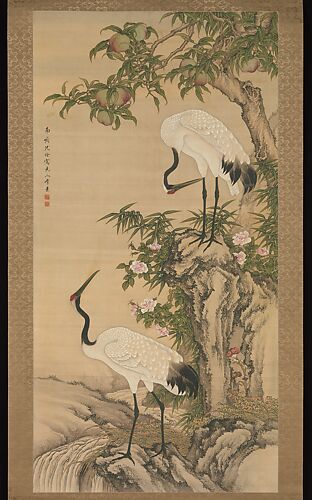 Cranes, peach tree, and China rose