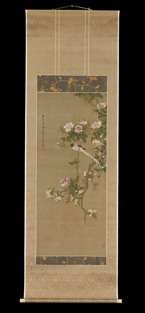 Crabapple, China rose, and Indian flycatcher, Shen Quan (Shen Nanpin) (Chinese, 1682–after 1762), Hanging scroll; ink and color on silk, China