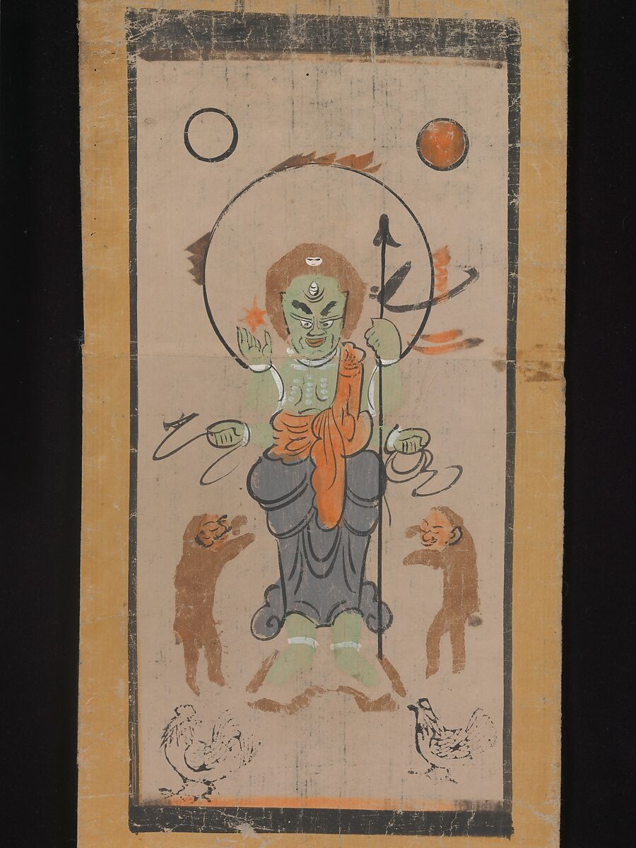 Ōtsu-e of Shōmen Kongōyasha (Vajrayaksha), Hanging scroll; ink, color, and hand-colored woodblock print on paper, Japan 