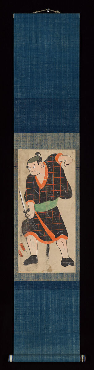 Ōtsu-e of Kabuki Actor Playing the Outlaw Hotei Ichiemon, of the “Karigane Five”, Hanging scroll; hand-colored woodblock print on paper, Japan
