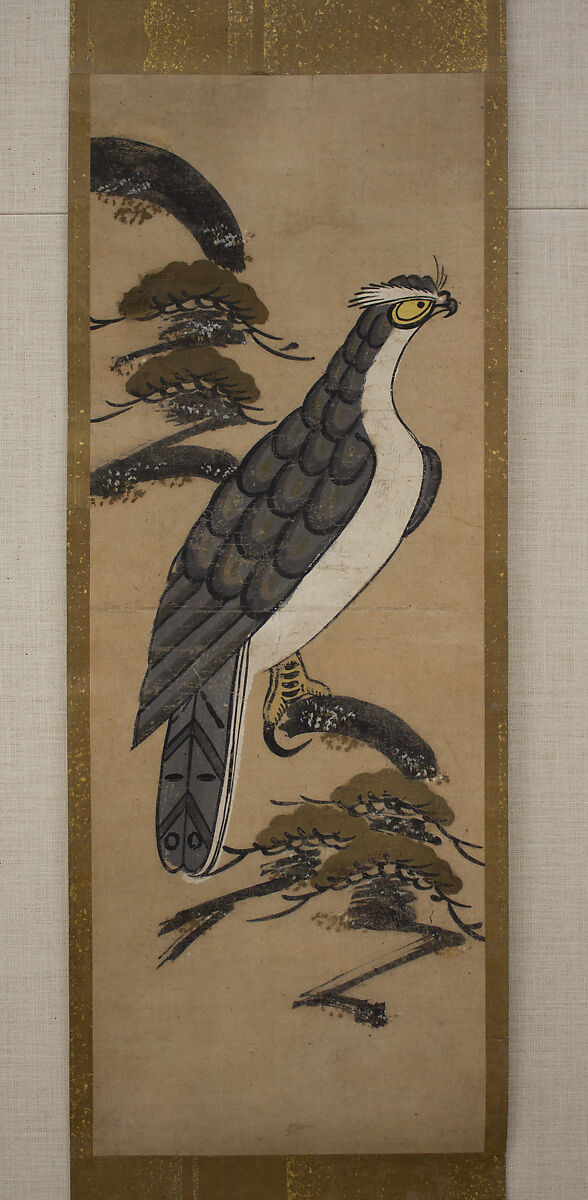 Ōtsu-e of Falcon on a Pine Tree, Hanging scroll; ink and color on paper, Japan 