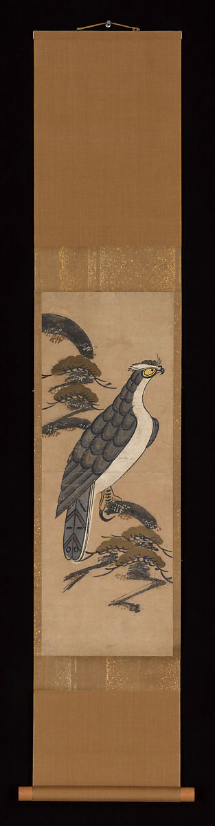 Ōtsu-e of Falcon on a Pine Tree, Hanging scroll; ink and color on paper, Japan