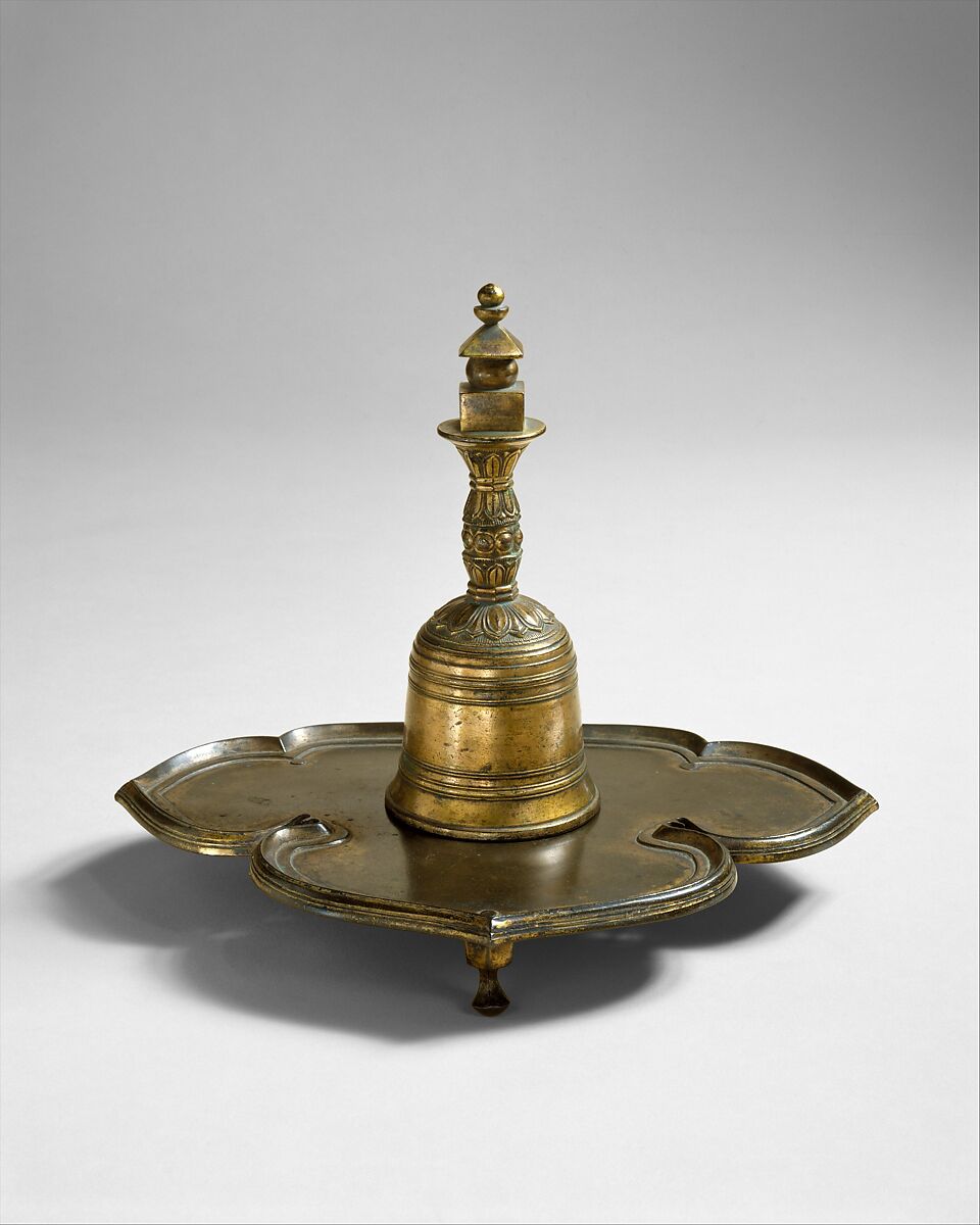 Bell with Pagoda-Shaped Handle (Tōrei) and Three-Footed Stand (Kongōban), Gilt bronze, Japan 