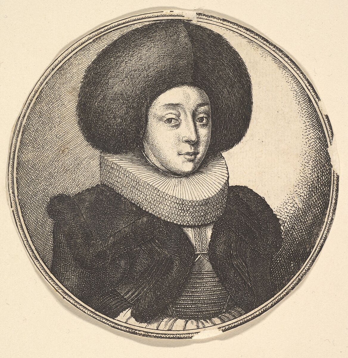 Woman with large circular fur hat and lace ruff, Wenceslaus Hollar (Bohemian, Prague 1607–1677 London), Etching; only state 