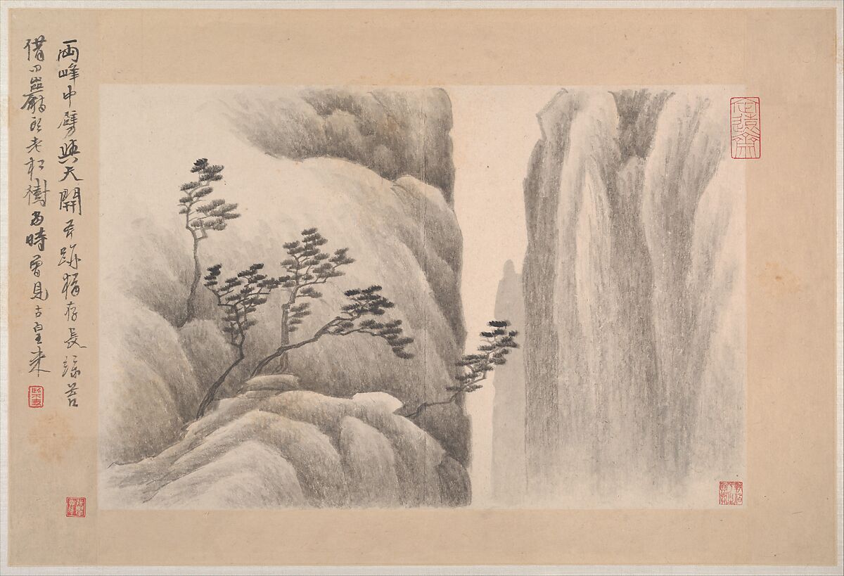 Landscapes with poems, Gong Xian (Chinese, 1619–1689), Fifteen leaves from an album (1980.516.2a–c and 1981.4.1a–o) of eighteen leaves, China