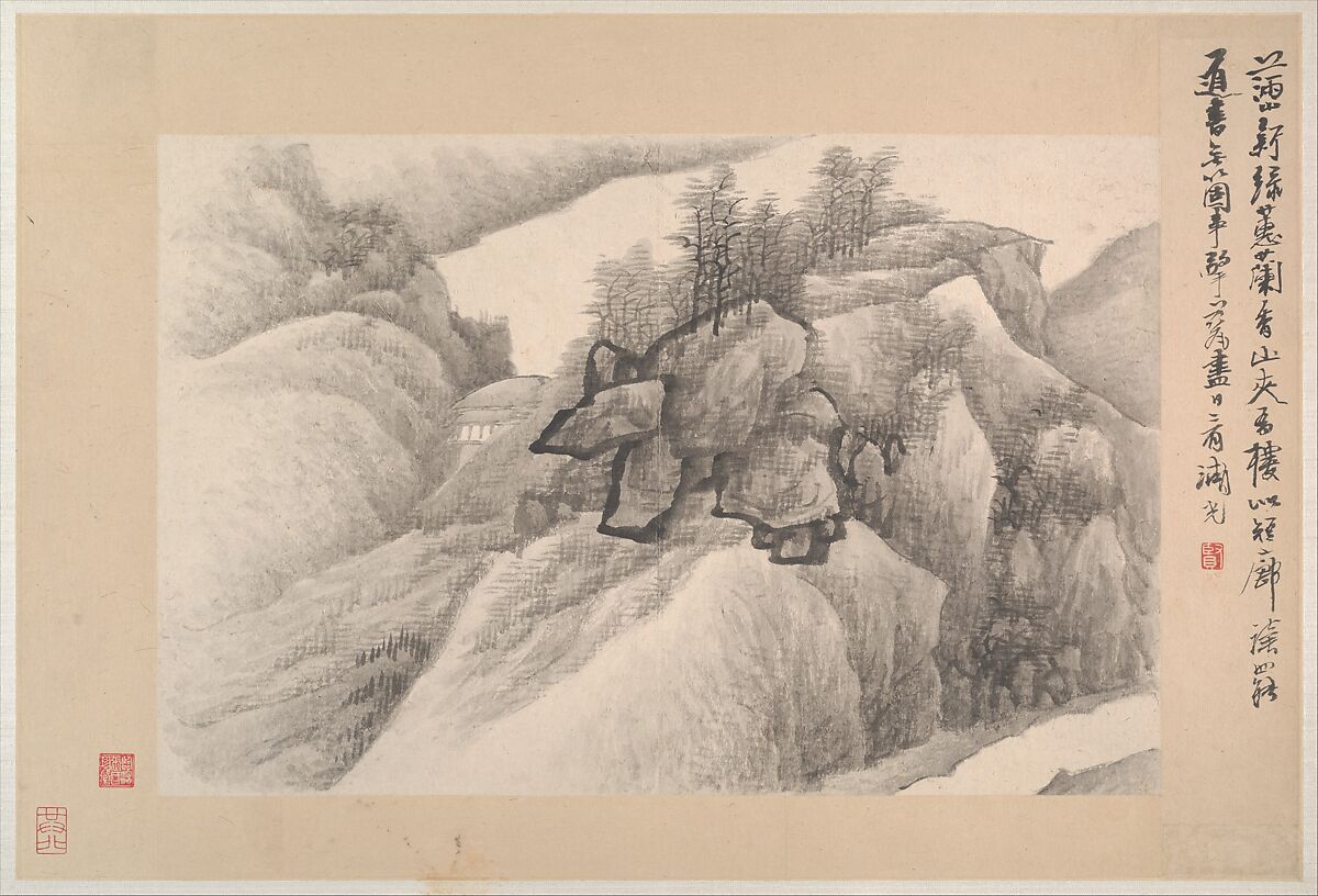 Landscapes with poems, Gong Xian (Chinese, 1619–1689), Fifteen leaves from an album (1980.516.2a–c and 1981.4.1a–o) of eighteen leaves, China