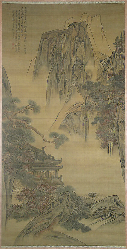 Viewing a waterfall from a mountain pavilion, Li Yin (Chinese, active second half of the 17th–early 18th century), Hanging scroll; ink and color on silk, China 