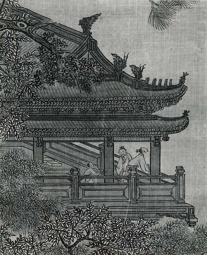 Viewing a waterfall from a mountain pavilion, Li Yin (Chinese, active second half of the 17th–early 18th century), Hanging scroll; ink and color on silk, China