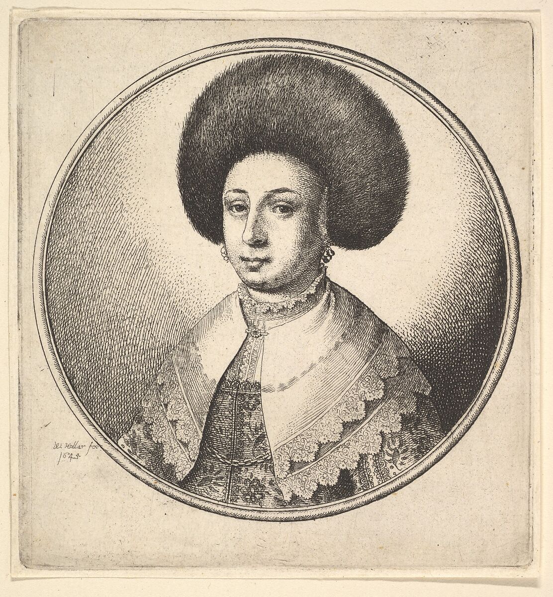 Woman with large circular fur hat and earrings, Wenceslaus Hollar (Bohemian, Prague 1607–1677 London), Etching; only state 
