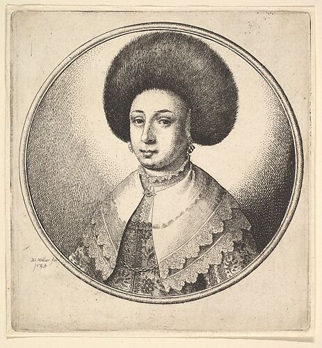 Woman with large circular fur hat and earrings