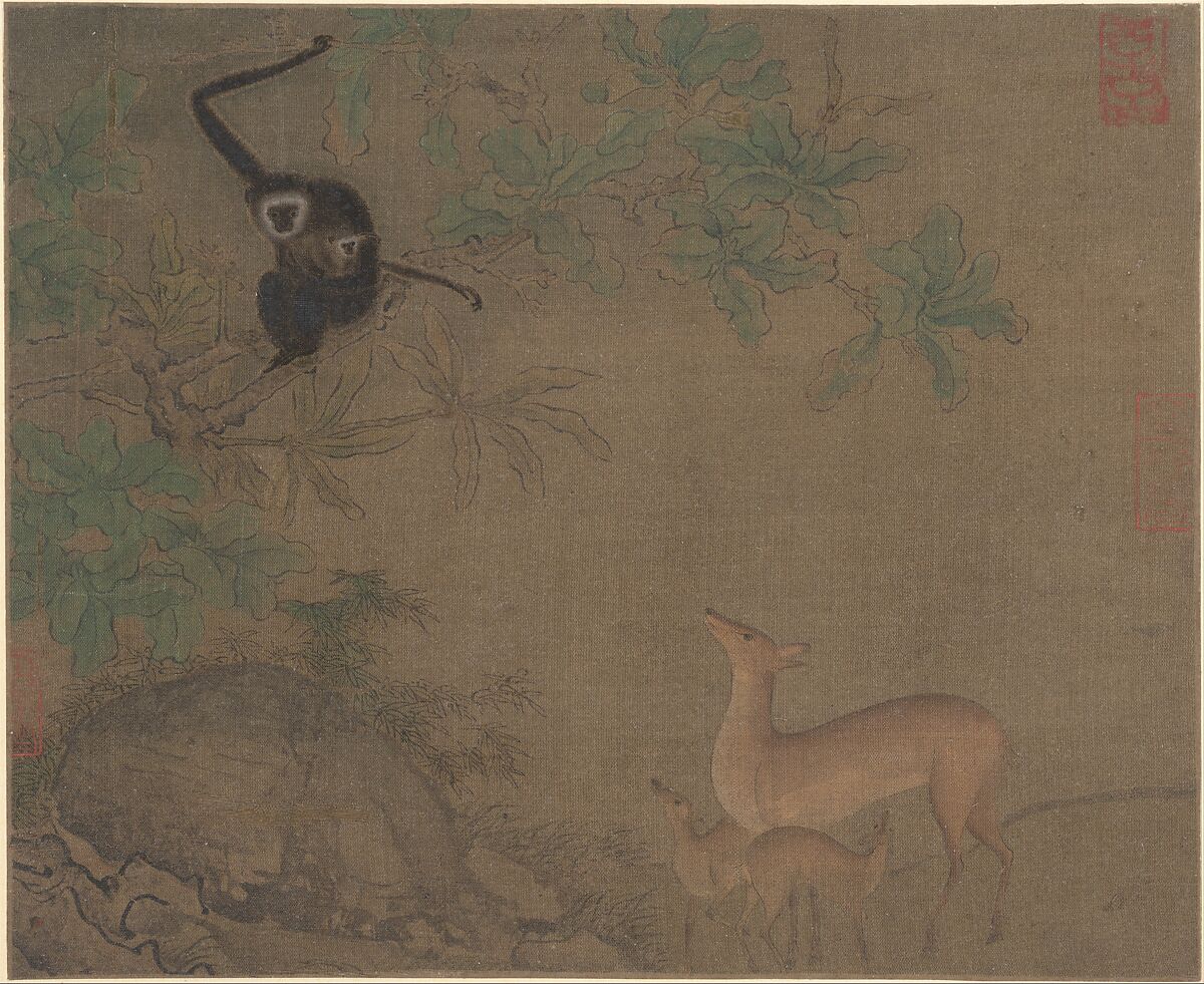 Gibbons and Deer, Unidentified artist Chinese, 13th century, Album leaf; ink and color on silk, China 