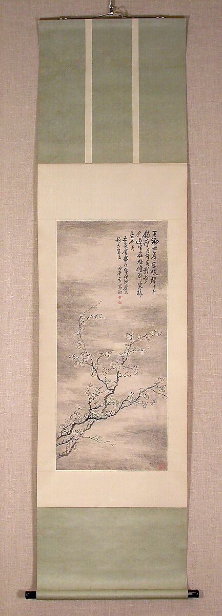 Ink Prunus, Gao Xiang (Chinese, active ca. 1700–1730), Hanging scroll; ink on paper, China