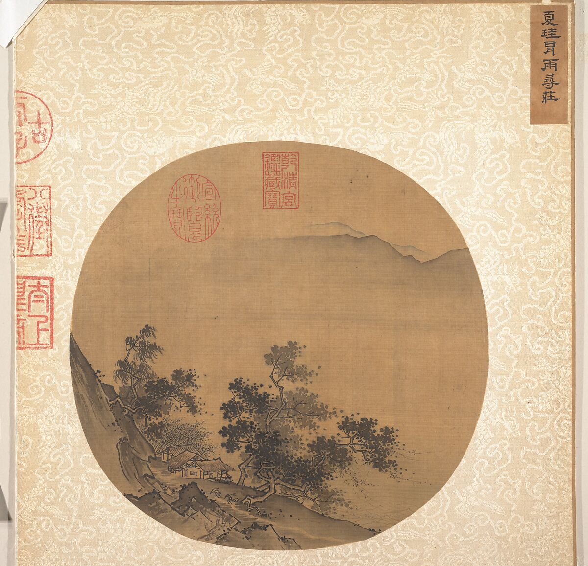 Returning Home in a Driving Rain, After Xia Gui (Chinese, active ca. 1195–1230), Fan mounted as an album leaf; ink and color on silk, China