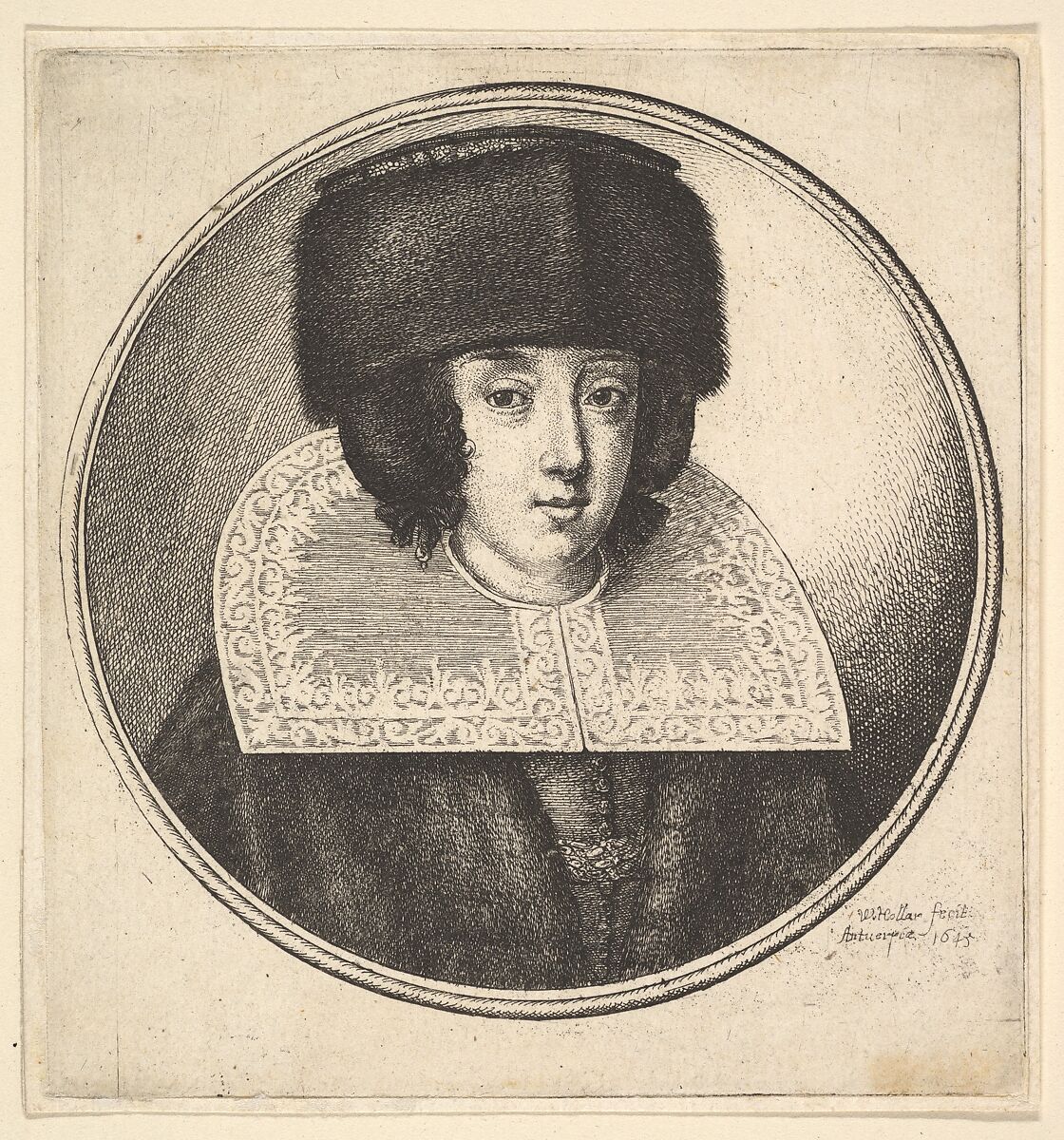 Woman with stiff lace collar and flat-crowned fur hat, Wenceslaus Hollar (Bohemian, Prague 1607–1677 London), Etching; only state 