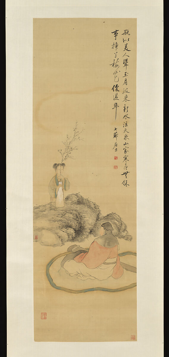 Girl Arranging Flowers, Gai Qi (Chinese, 1773–1828), Hanging scroll; ink and color on silk, China 