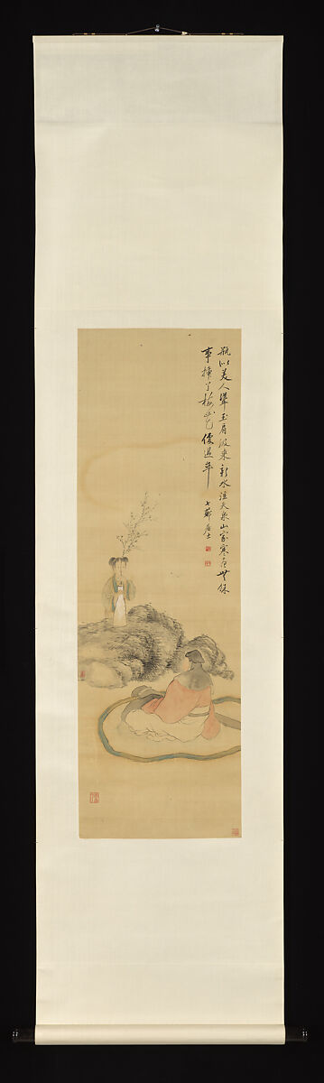 Girl Arranging Flowers, Gai Qi (Chinese, 1773–1828), Hanging scroll; ink and color on silk, China