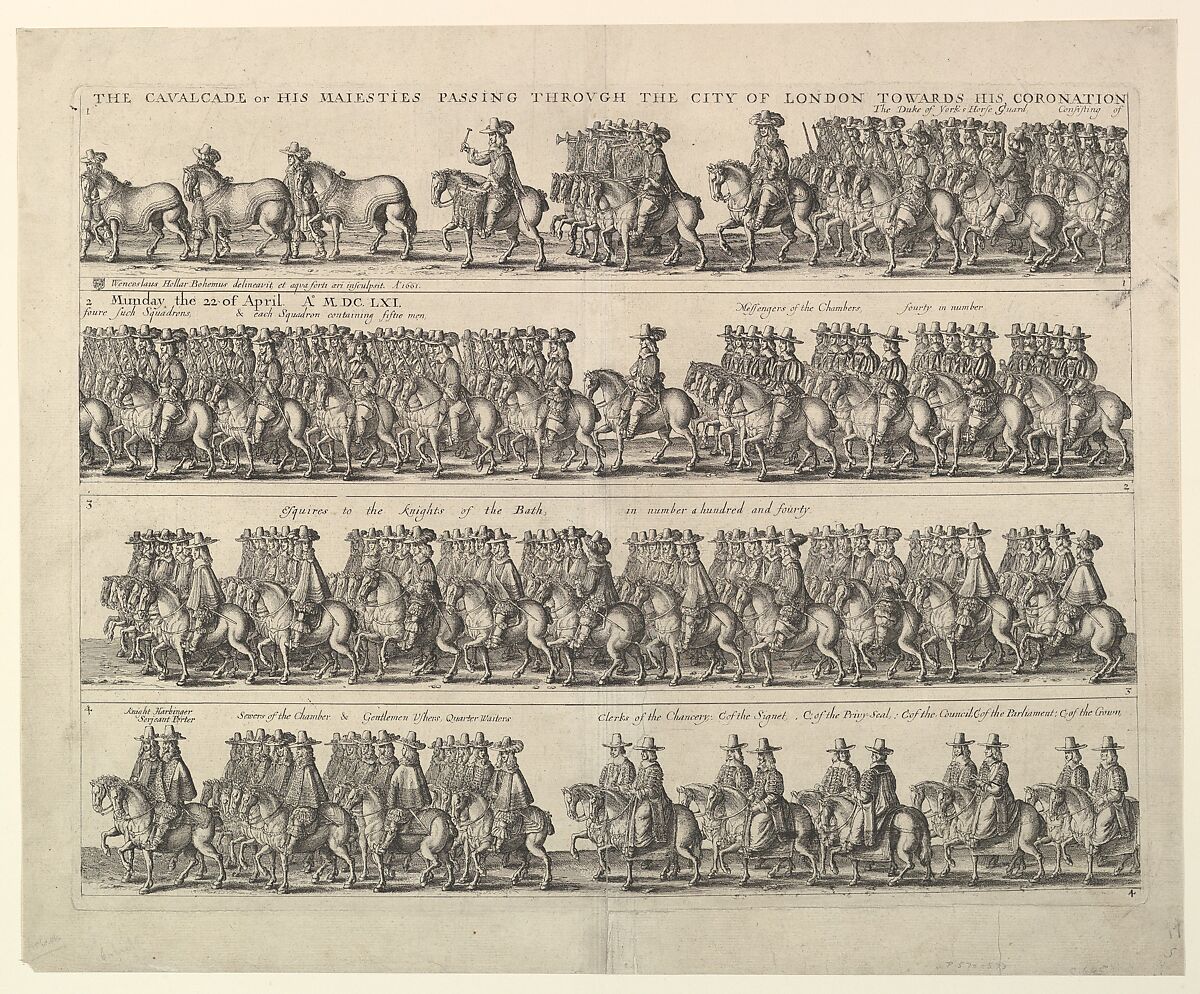 Coronation Procession of Charles II Through London (from John Ogilby's "The Entertainment of...Charles II," London, 1662), Wenceslaus Hollar (Bohemian, Prague 1607–1677 London), Etching 