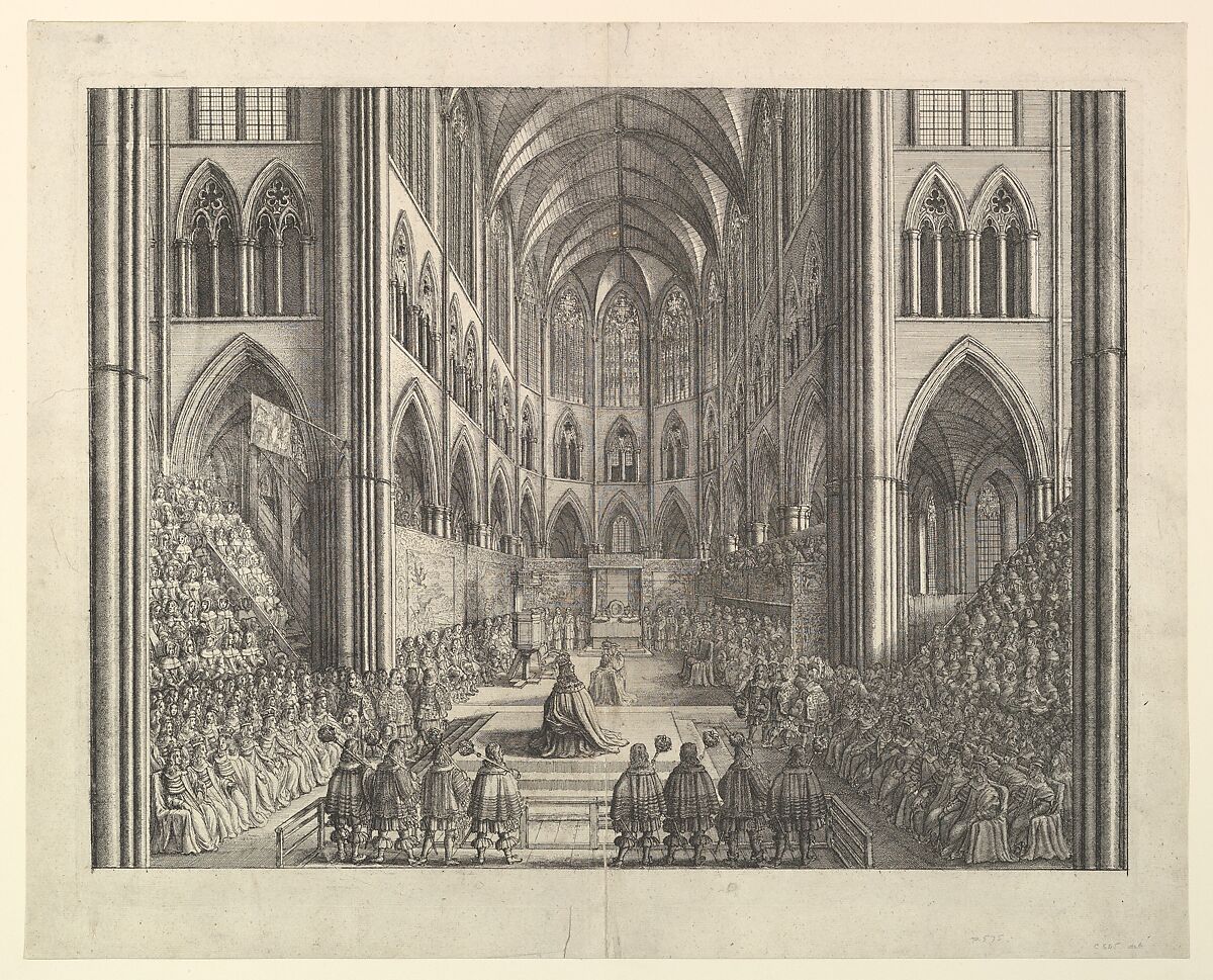 The Coronation of King Charles the II in Westminster Abbey, April 23, 1661 (from John Ogilby's "The Entertainment of...Charles II," London, 1662), Wenceslaus Hollar (Bohemian, Prague 1607–1677 London), Etching 