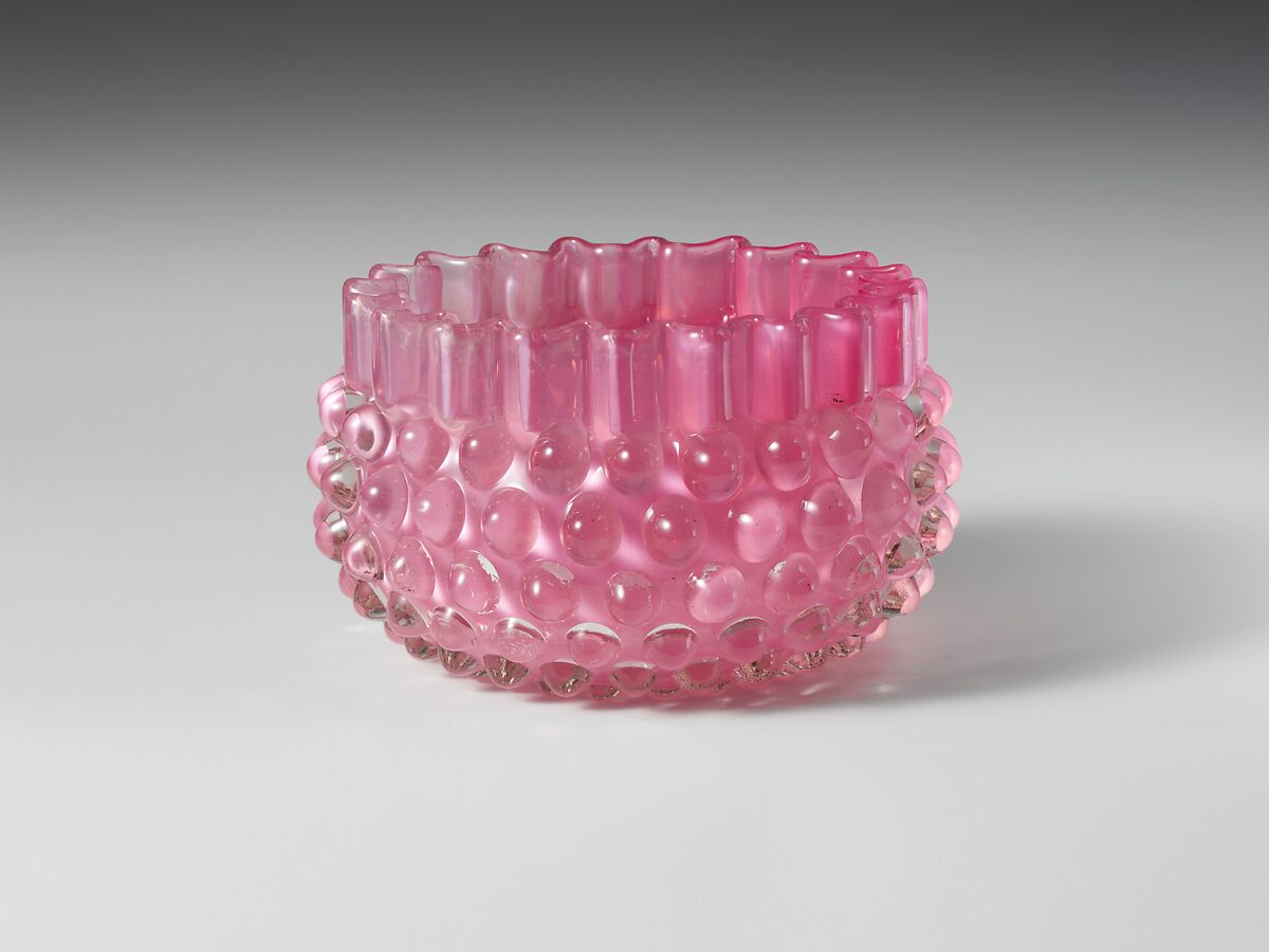 Hobnail Finger Bowl, Probably Hobbs, Brockunier and Company (1863–1891), Pressed colorless and opaque cranberry glass, American 