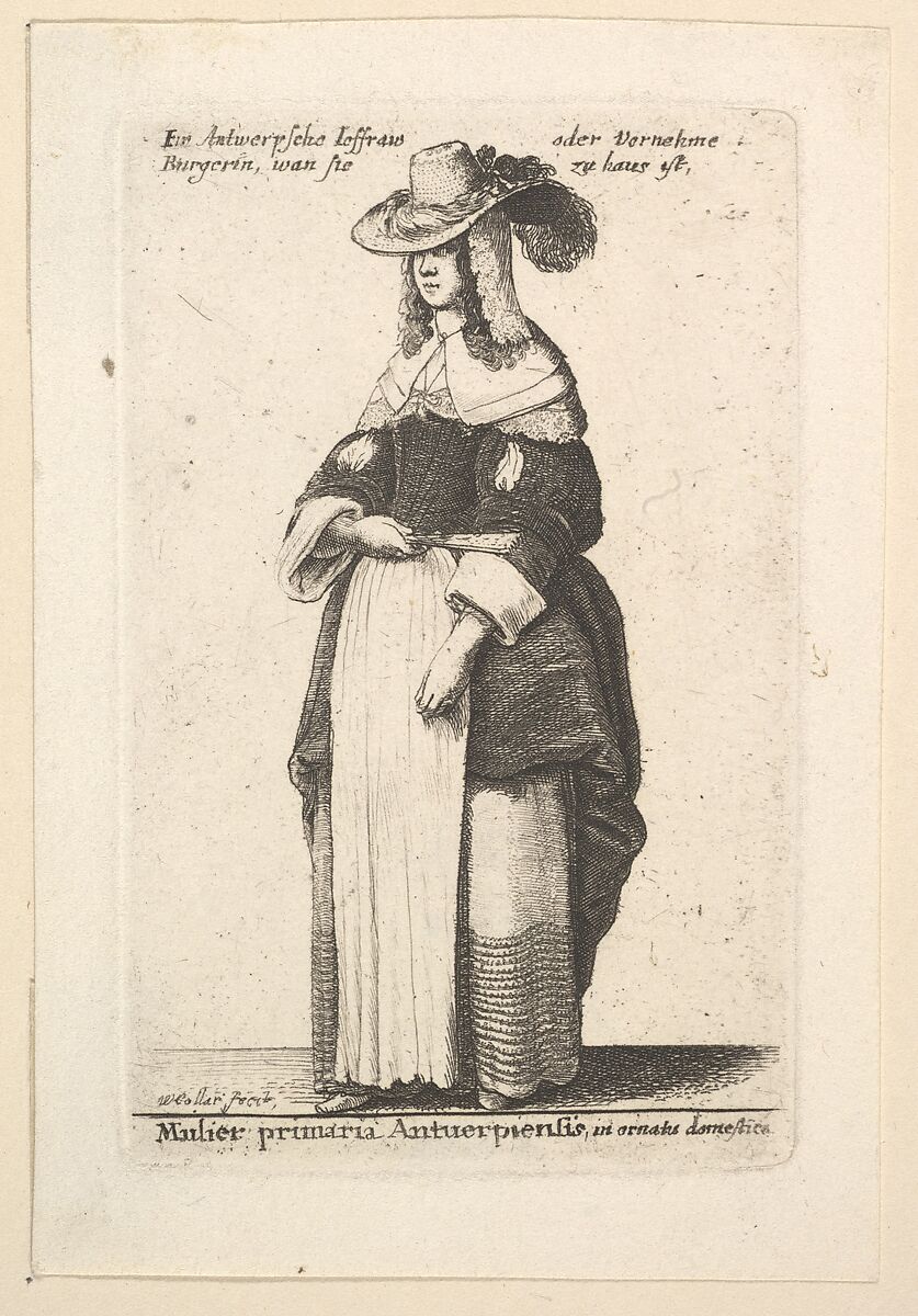 Mulier primaria Antuerpiensis, in ornatus domestica (Gentlewoman of Antwerp in domestic adornment), Wenceslaus Hollar (Bohemian, Prague 1607–1677 London), Etching; second state of two 