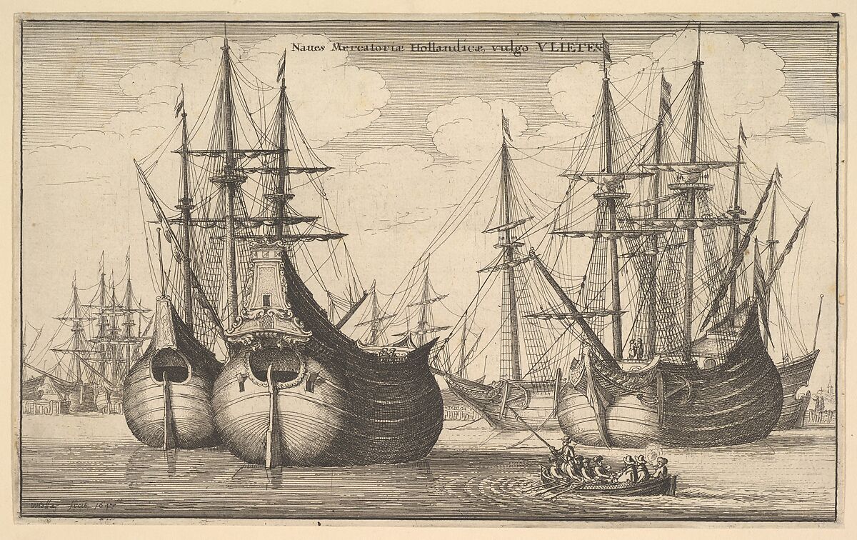 Dutch Freighters or Flutes (Naues Mercantoriæ Hollandicæ, vulgo VLIETEN), Wenceslaus Hollar (Bohemian, Prague 1607–1677 London), Etching; first or second state of two, the number may have been abraded 