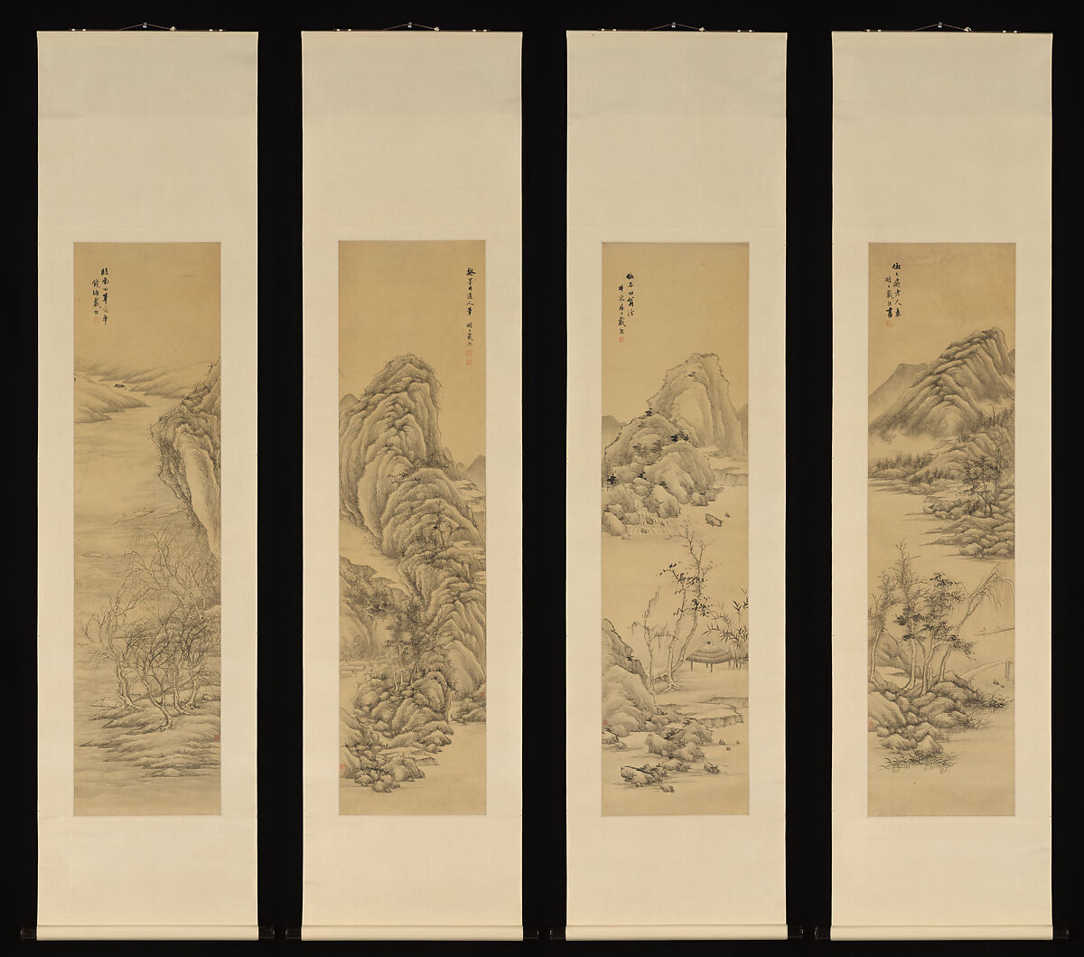 Landscapes after old masters, Dai Xi (Chinese, 1801–1860), Set of four hanging scrolls; ink on gold-flecked paper, China