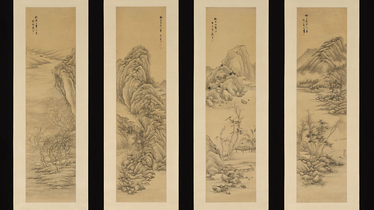 Landscapes after old masters, Dai Xi (Chinese, 1801–1860), Set of four hanging scrolls; ink on gold-flecked paper, China 