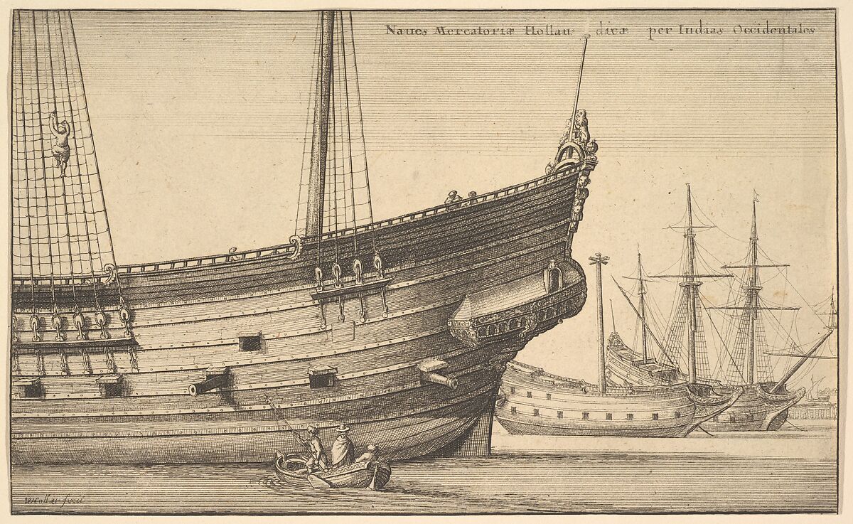 Naues Mercatoriæ Hollandicæ per Indias Occidentales (Dutch West Indiaman), Wenceslaus Hollar (Bohemian, Prague 1607–1677 London), Etching; first or second state of two, the plate shows wear and the sheet is cut
where the number would have appeaered 