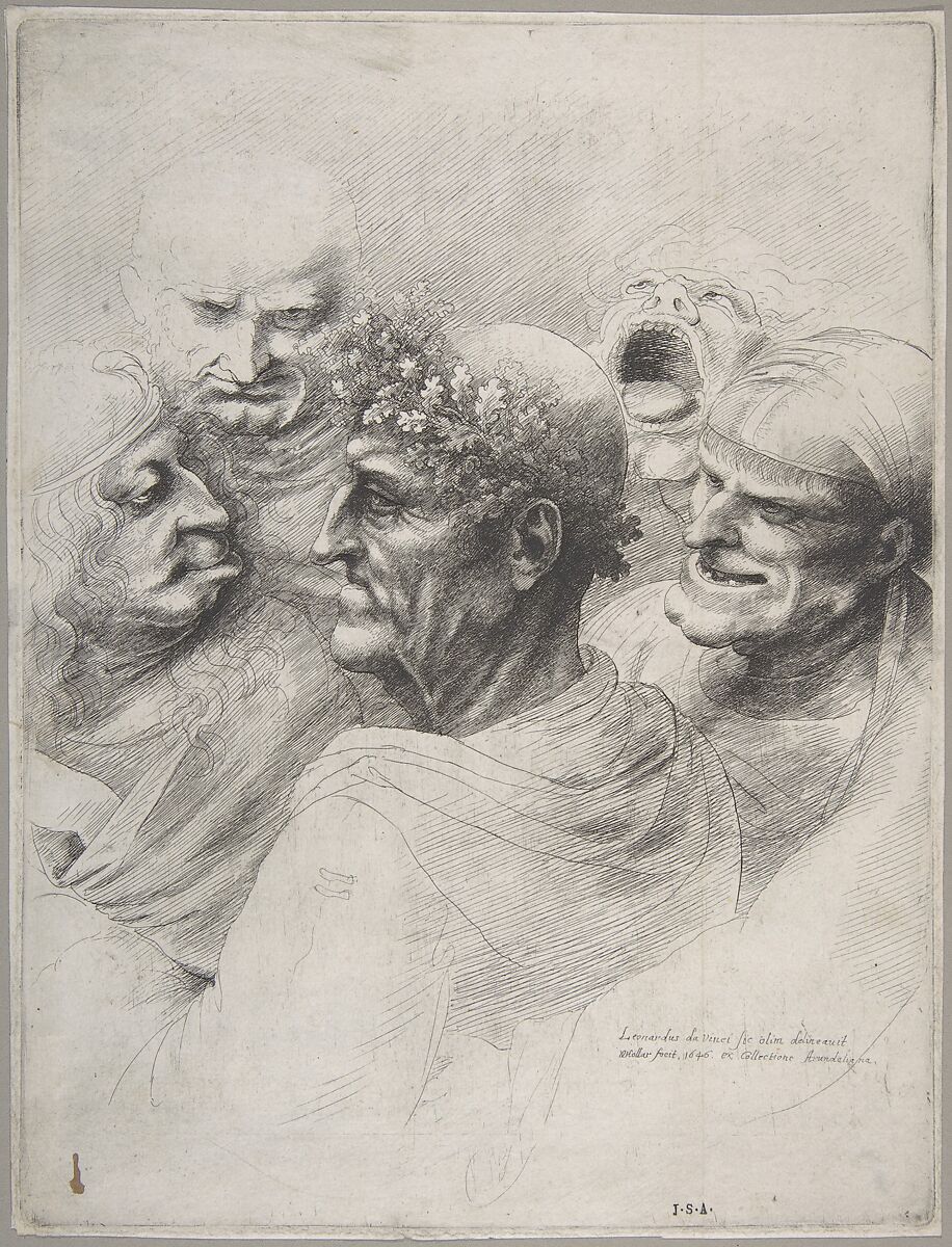 Five grotesque heads, including an elderly man with an oak leaf wreath, Wenceslaus Hollar  Bohemian, Etching; only state
