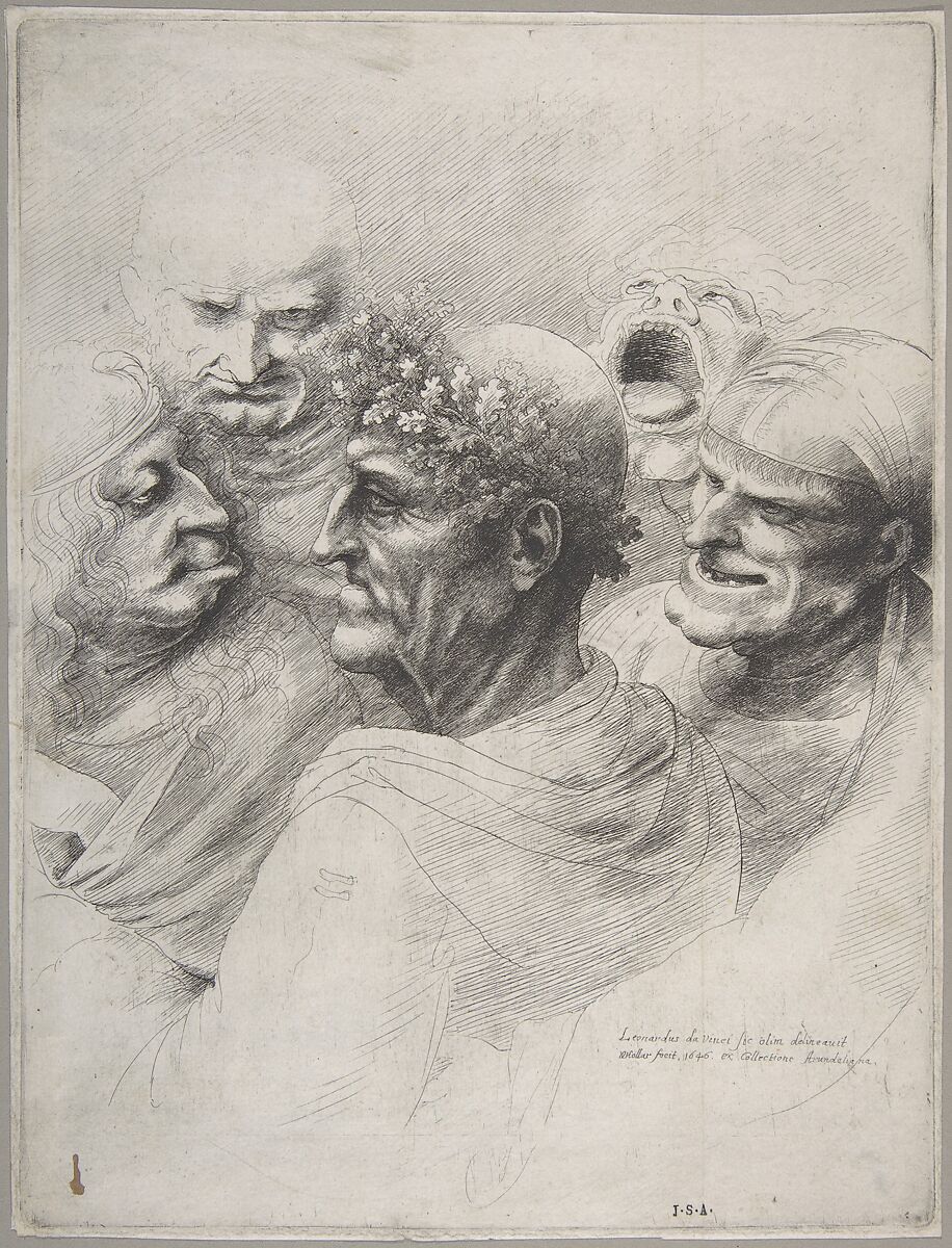 Five grotesque heads, including an elderly man with an oak leaf wreath, Wenceslaus Hollar (Bohemian, Prague 1607–1677 London), Etching; only state 