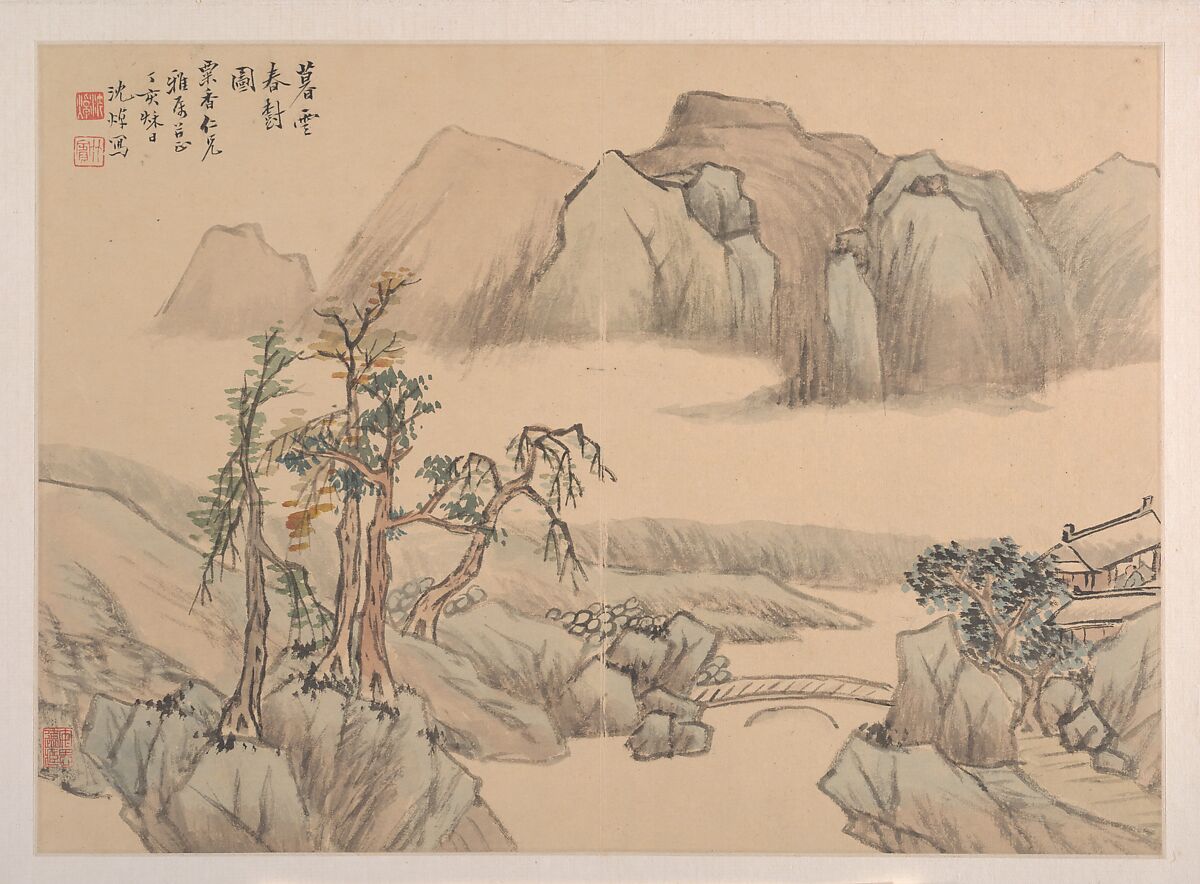 Landscape, Shen Zhuo (active 19th century), Album leaf; ink and color on paper, China 