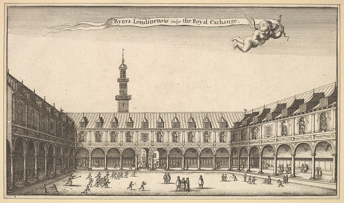 Royal Exchange, Wenceslaus Hollar (Bohemian, Prague 1607–1677 London), Etching, possibly a first state of two 